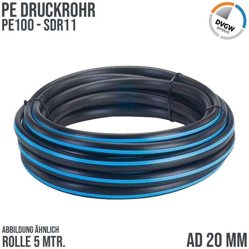 20 x 2,0 mm PE PP Rohr HD Druckrohr Trink Brauch Wasser PE 100 DVGW SDR 11 PN 12,5 bar - 5 m Rolle