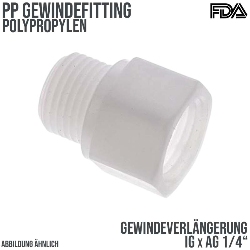 1/4" PP Gewinde Fitting FDA Verlängerung Innen x Außengewinde Verbinder weiß - PN 10 bar