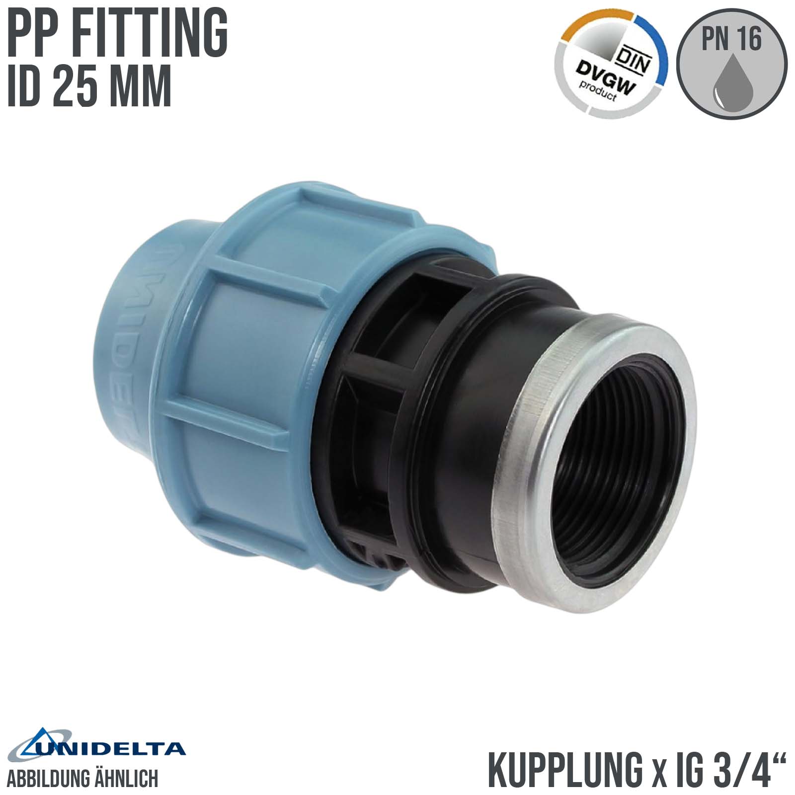 25 mm x 3/4" PE PP Fitting Klemm Verbinder Verschraubung Muffe Rohr Kupplung x IG DVGW - Unidelta