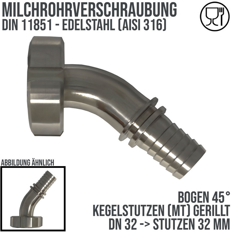 DN 32 Milchrohr Verschraubung DIN 11851 Mutterteil 45° Bogen Kegel Stutzen Sicherungsbund - Stutzen gerillt 32 mm - PN 25 bar