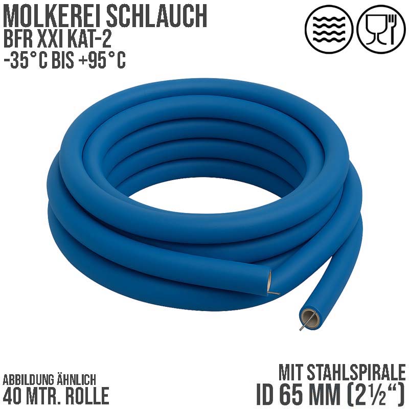 65 mm 2 1/2" Molkerei Milch Lebensmittel Schlauch Stahlspirale BfR FDA NBR NVC blau weiß - PN 10 bar - 40 m Rolle