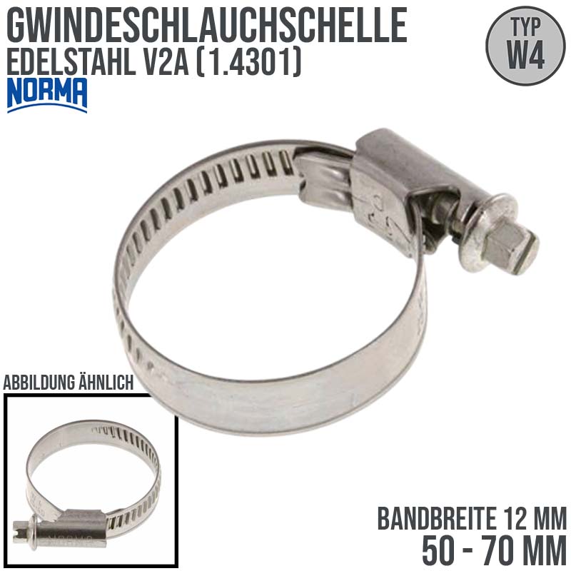 50 - 70 mm NORMA Schlauch Gewinde Rohr Schelle W4 Edelstahl 1.4301 - Band 12 mm