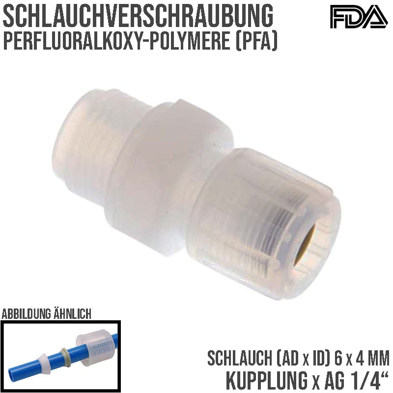 6 x 4 mm x 1/4" Kupplung Aussengewinde PFA Verschraubung PA PP Schlauch FDA - PN 10 bar