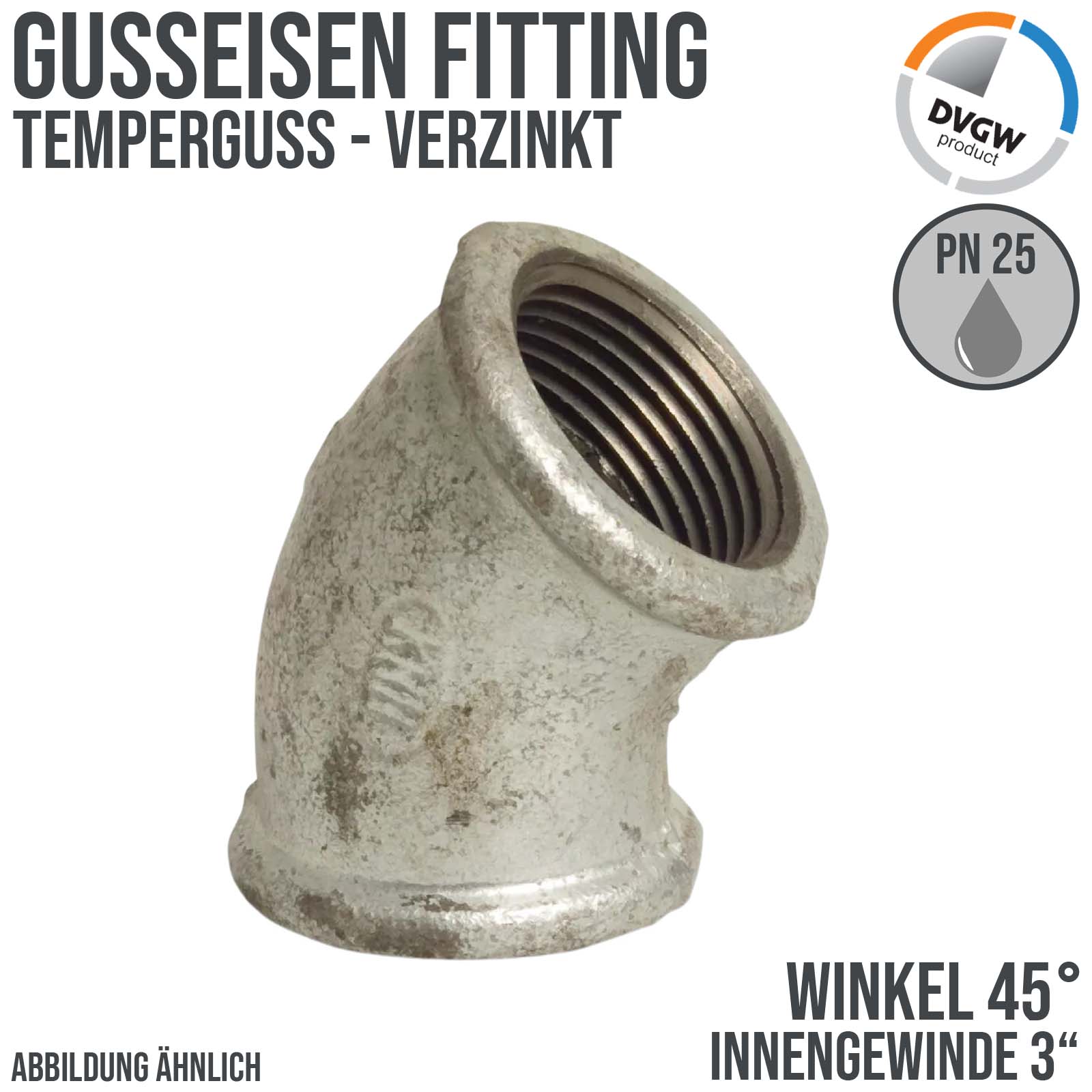 3" Gusseisen Temperguss Fitting Nr. 120 Winkel 45° Innengewinde IG DVGW PN 25 bar