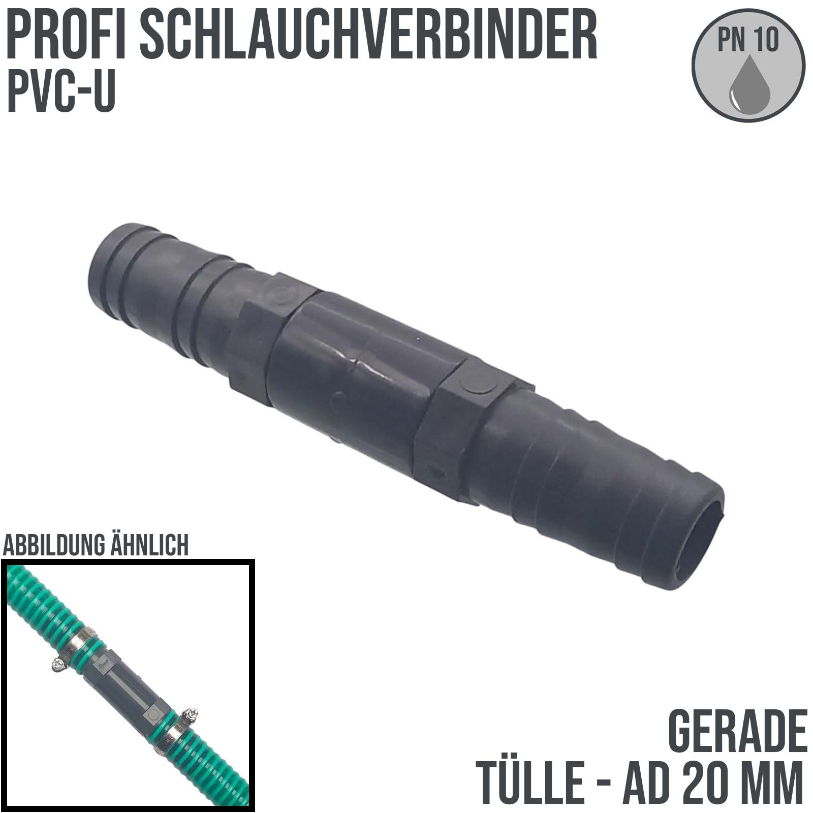 20 mm PVC PROFI Gerade Schlauch Verbinder Stutzen Tülle Pool Teich Garten - PN 10 bar