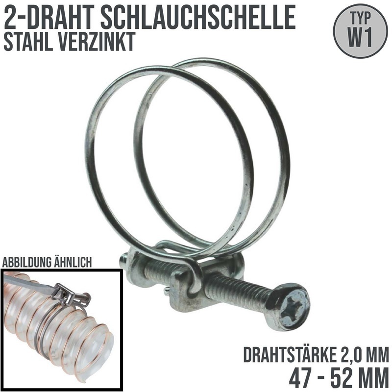 47 - 52 mm 2-Draht Schlauch Schelle W1 Stahl verzinkt Schraube M6 x 45 Draht 2,0 mm