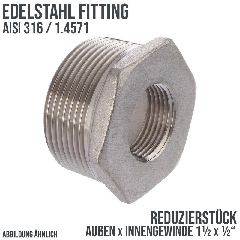 1 1/2" Edelstahl Fitting V4A AISI 316 Nr. 241 - Reduktionsstück Außen x Innengewinde - 1 1/2" x 1/2" - PN 16 bar
