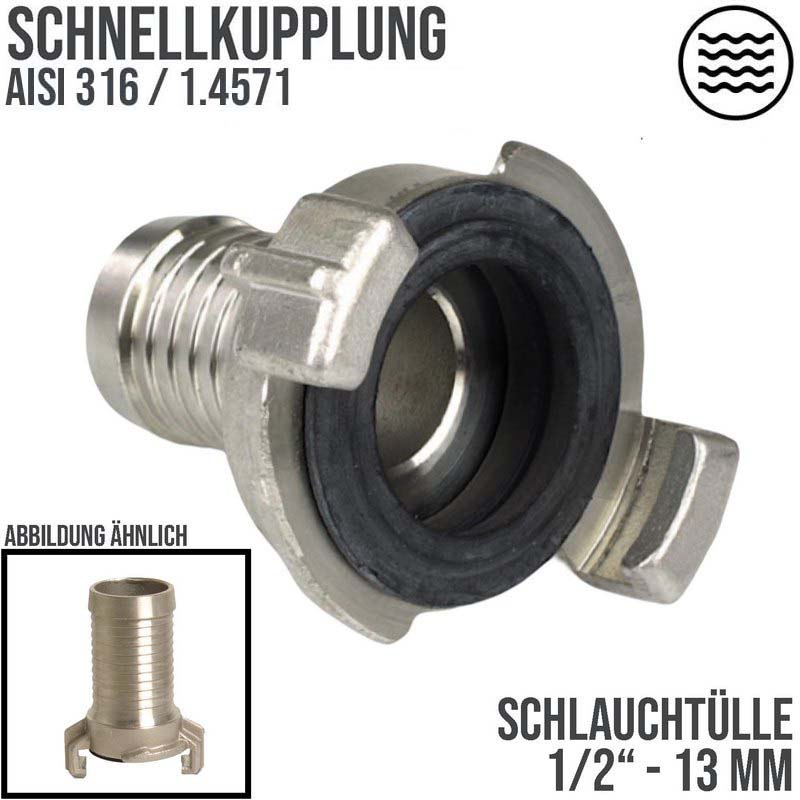 1/2" 13 mm Edelstahl AISI 316 Schlauch Schnell Kupplung Tülle (GEKA kompatibel) - PN 12 bar