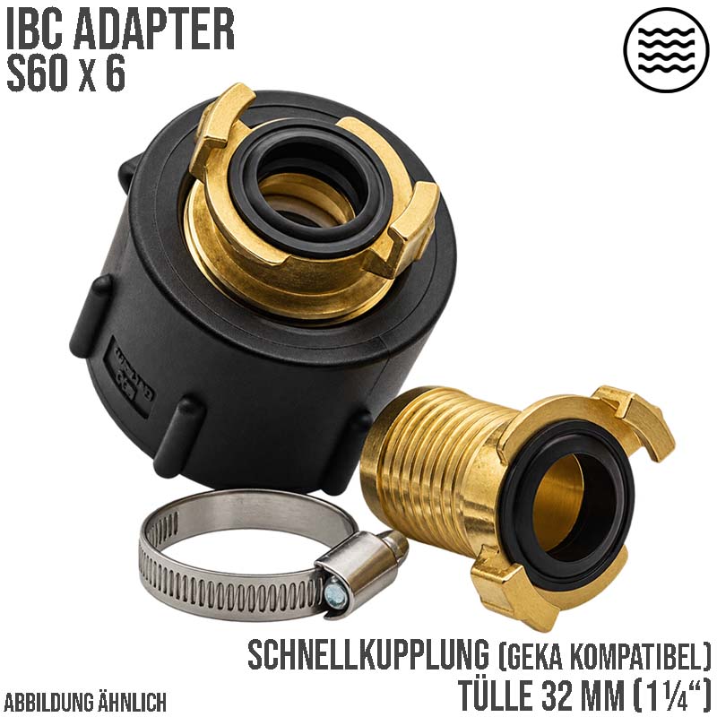 S60 x 6 IBC Adapter auf Schnellanschluss + Kupplung 1 1/4" 32 mm Container Tank Zubehör (GEKA kompatibel)