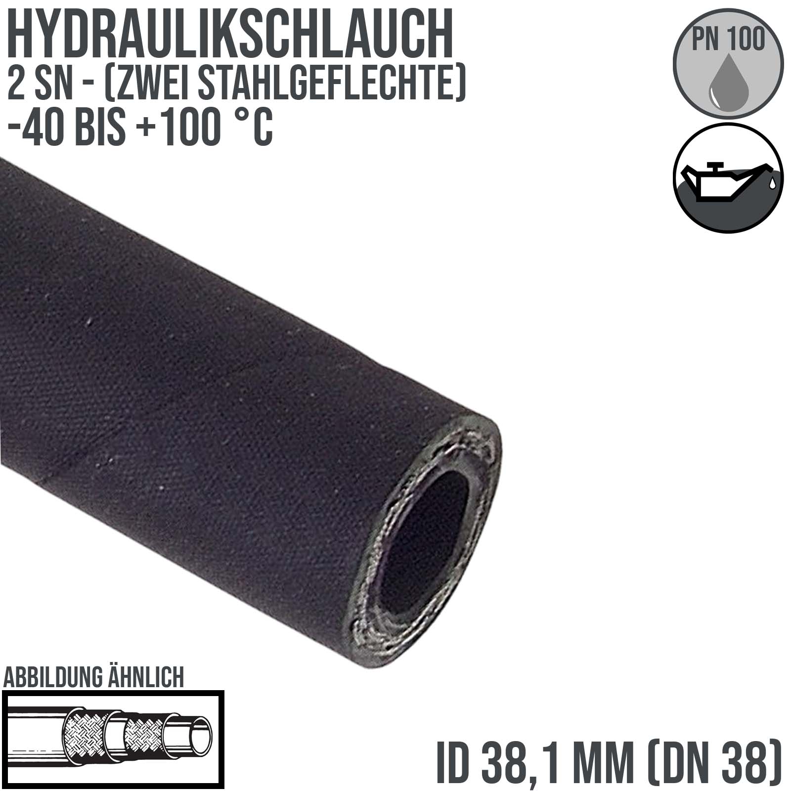 38,1 x 53,4 mm 2 SN DN 38 Hochdruck Hydraulik Wasser Kraftstoff Schlauch zweifach Draht Einlage schwarz EN 853 - PN 100 bar