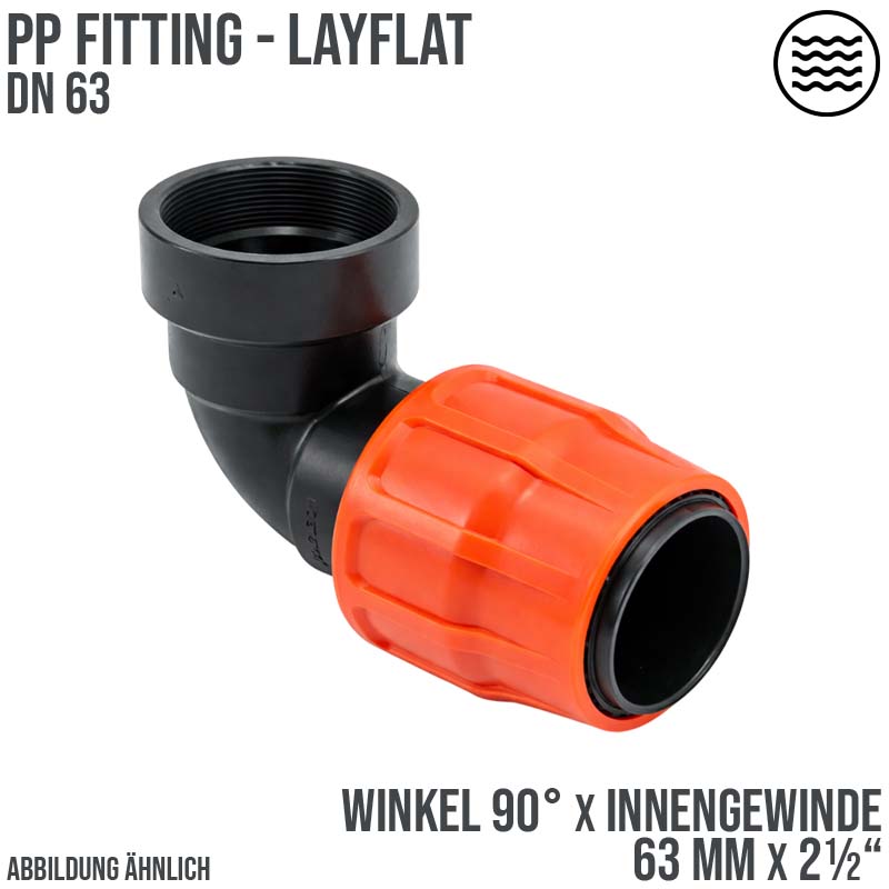 63 mm x 2 1/2" PE PP Fitting Layflat Klemm Verbinder Winkel 90° x Innengewinde IG Flach Schlauch - PN 10 bar