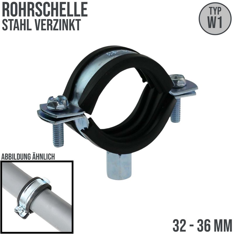 32 - 36 mm Rohr Schraub Schelle Klemme mit Gummieinlage M8 M10 2-teilig W1 Stahl verzinkt DIN 4109