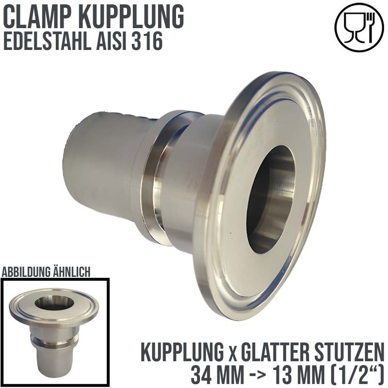 CLAMP Kupplung 34 mm Schlauch Stutzen Tülle glatt 13 mm 1/2" - PN 16 bar