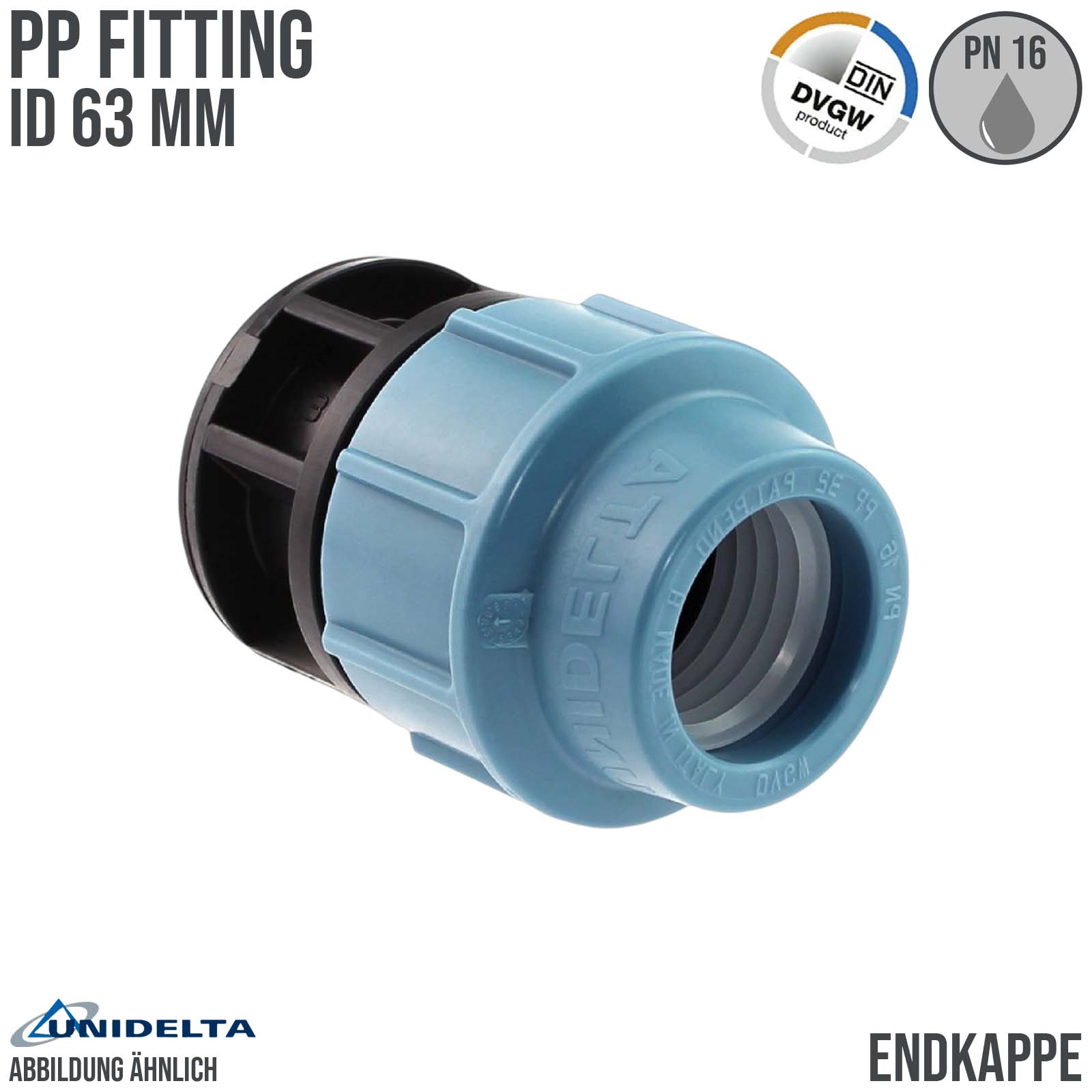63 mm PE PP Fitting Klemm Verbinder Kappe Endkappe Endstück Muffe Verbinder  DVGW - Unidelta