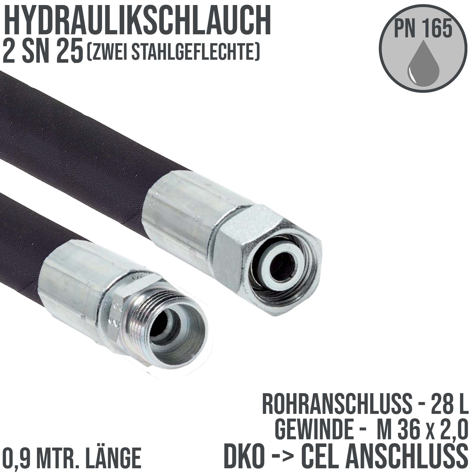 Hydraulikschlauch DN 25 2SN25 - 28 L DKO (IG) auf CEL (AG) Anschluss (M 36 x 2,0) - 900 mm
