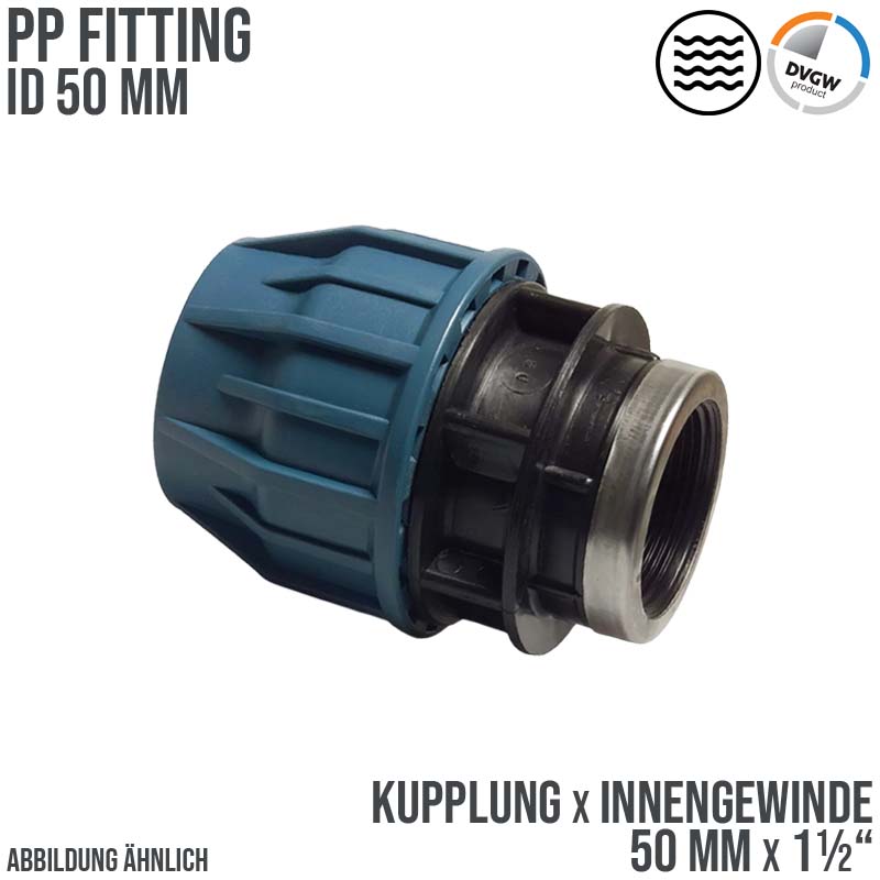 50 mm x 1 1/2" PE PP Fitting Klemm Verbinder Verschraubung Muffe Rohr Kupplung x IG DVGW - PN 16 bar