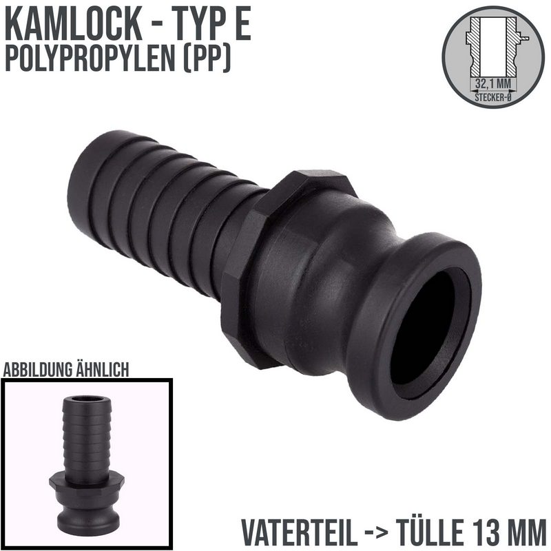 Kamlock Typ E - Vaterteil PP - 32,1 mm Stecker  -> Tülle 13 mm 1/2" Zoll  DN20 - PN 8,5 bar