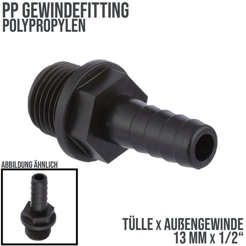 13 mm x 1/2 " PP Gewinde Fitting Schlauch Tülle Stutzen Außengewinde AG - PN 6 bar