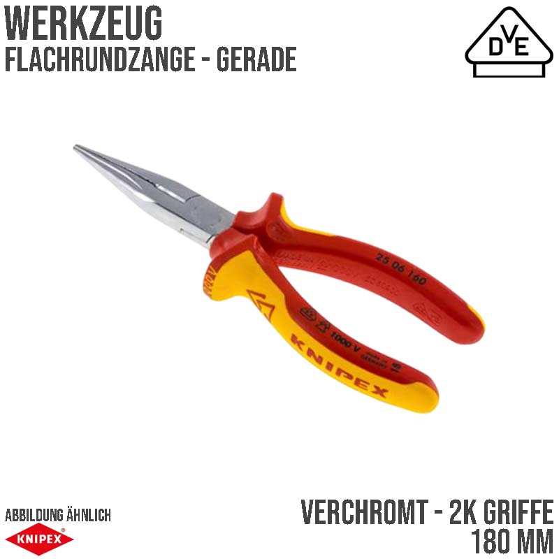 200 mm Flachrund Zange VDE gerade Backen verchromt 2K Griffe Knipex