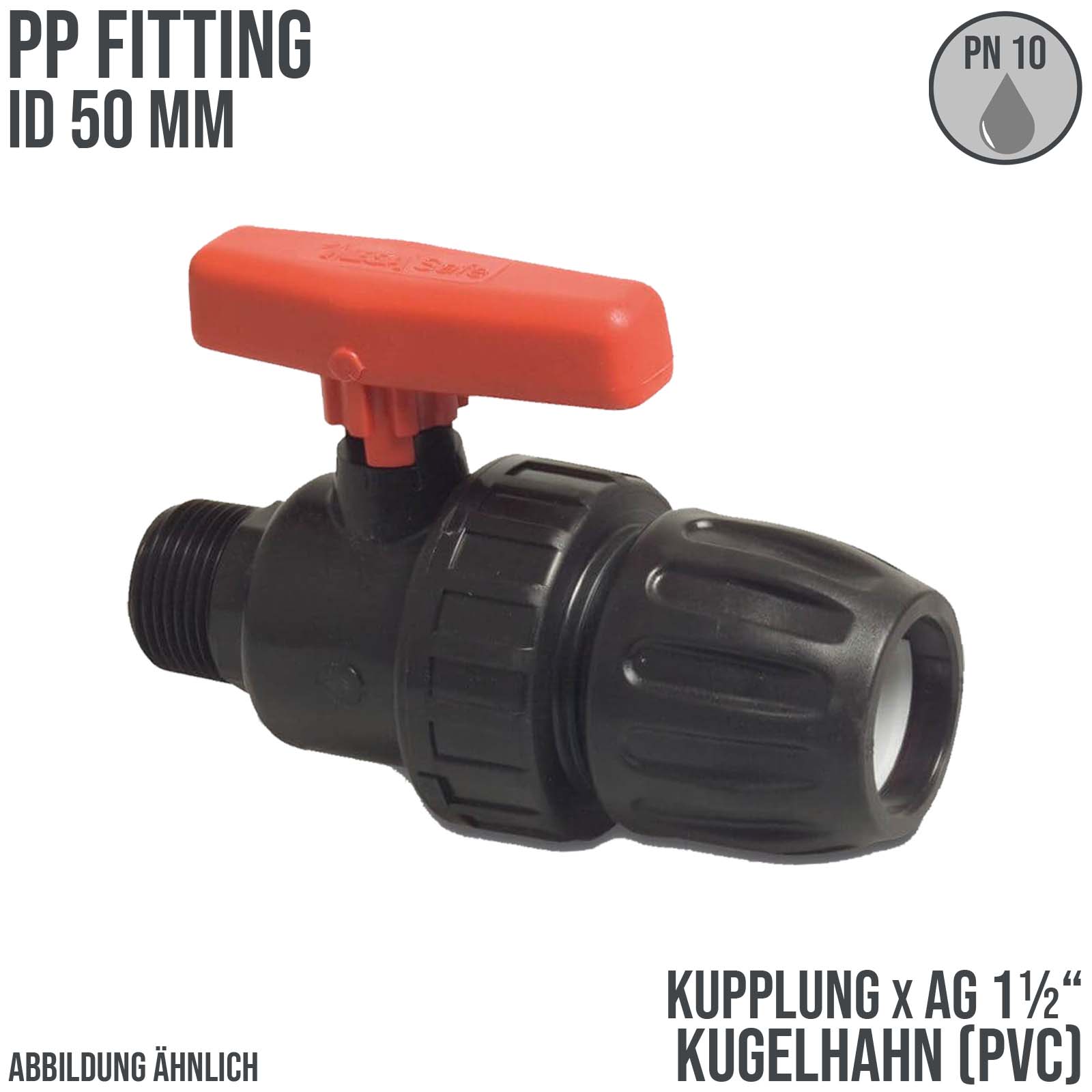 50 mm PE PP Kugelhahn Klemm Muffe Kupplung Außengewinde AG schwarz/rot - PN 10 bar