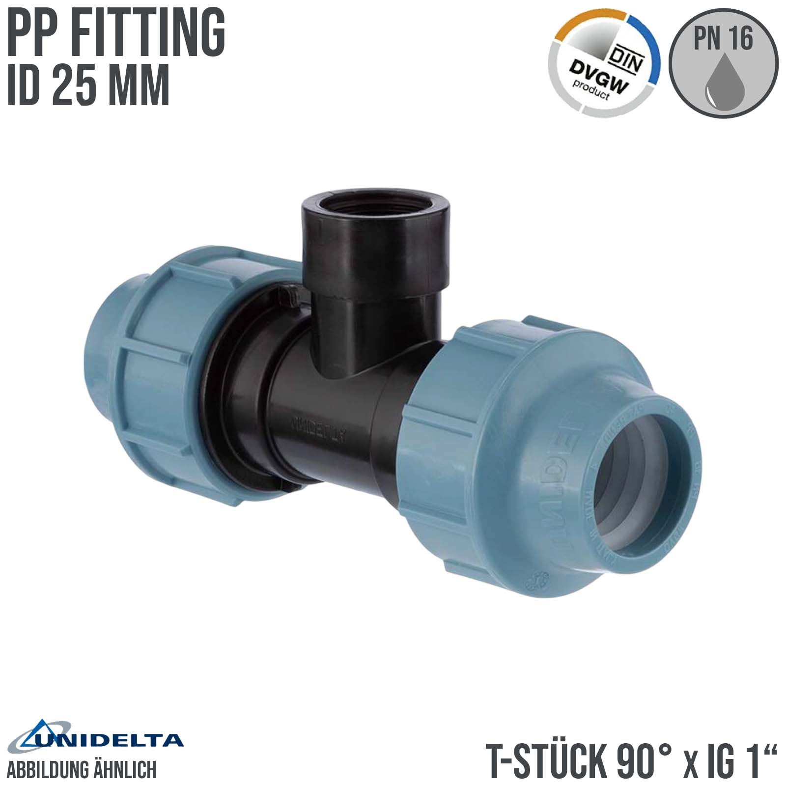 25 mm x 1" PE PP Fitting Klemm Verbinder Verschraubung Rohr T-Stück 90° x IG DVGW - Unidelta 