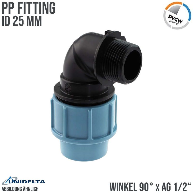 25 mm x 1/2" PE PP Fitting Klemm Verbinder Verschraubung Rohr Winkel 90° x AG DVGW - Unidelta
