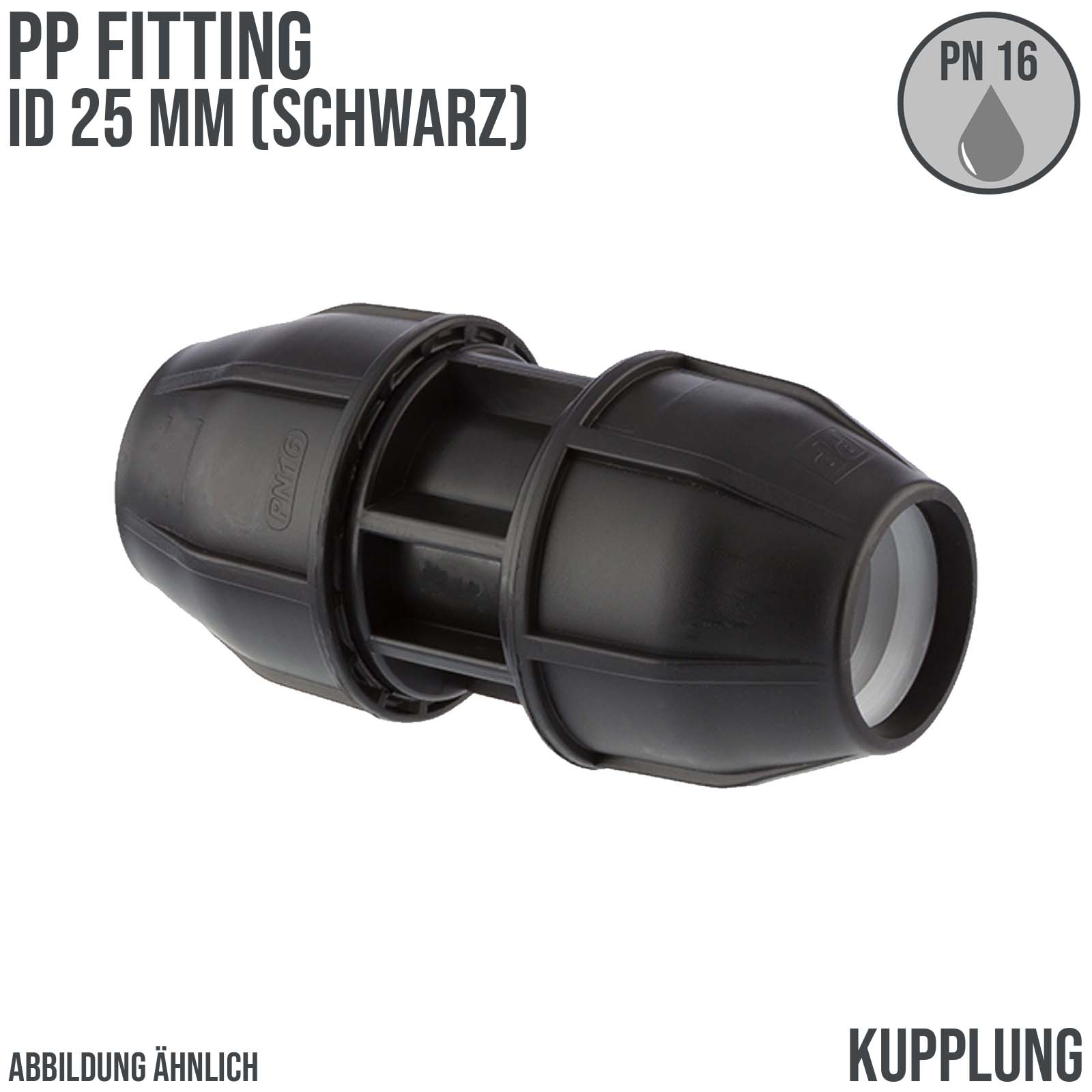 25 mm PE PP Fitting Klemm Verbinder Verschraubung Muffe Rohr Kupplung schwarz - PN 16 bar