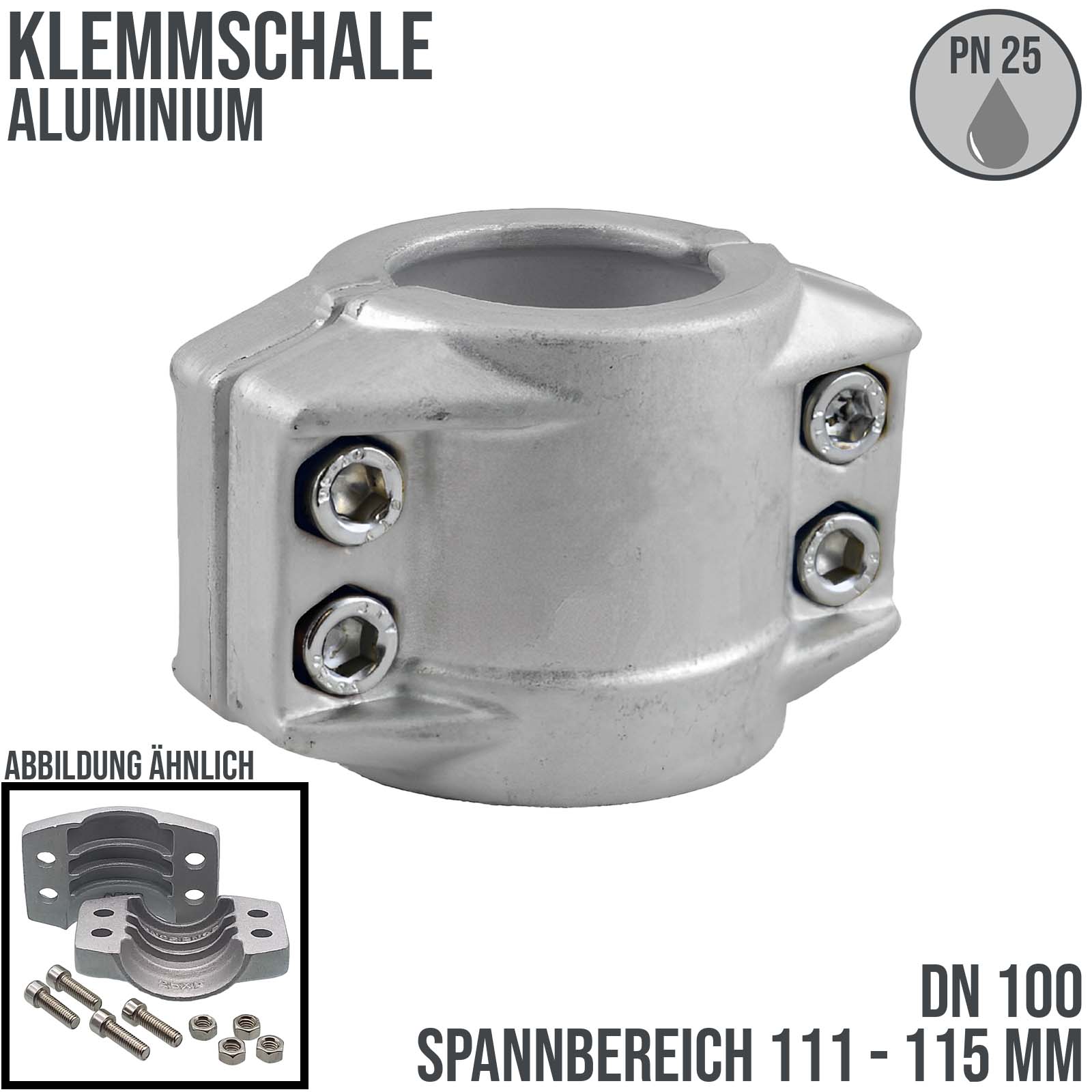 DN 100 Klemmschale Aluminium Spannbereich 111 - 115 mm für Schlauch ID x AD 100 x 113 mm - PN 25 bar