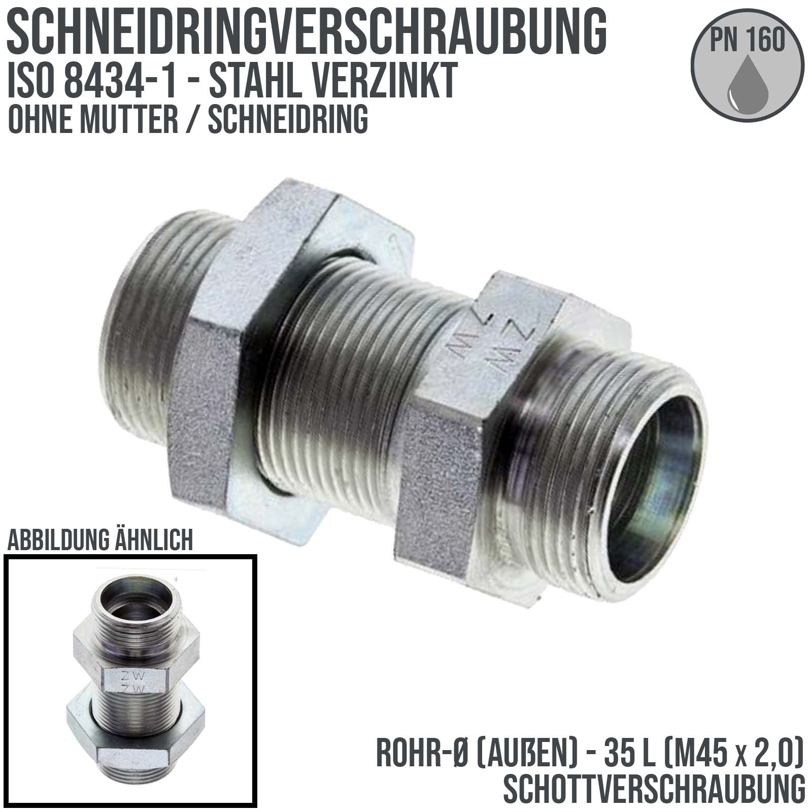 35 L Schneidring Schott Verschraubung M 45 x 2,0 AG ohne Mutter / Schneidring - PN 160 bar