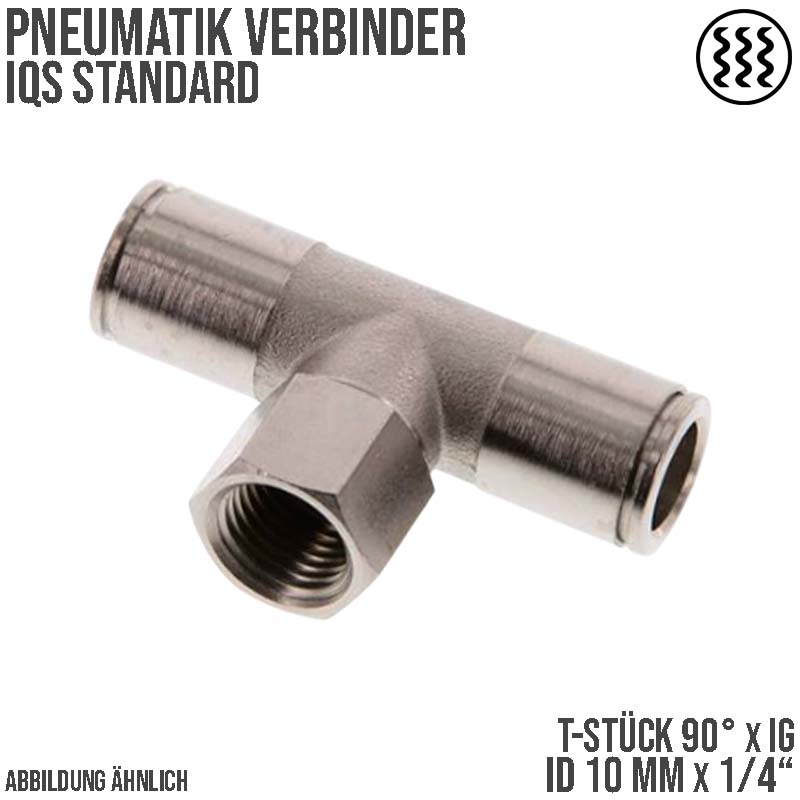 10 mm x 1/4" Pneumatik Steck Verbinder T-Stück 90° IQS MSV Messing Innengewinde - PN 16 bar