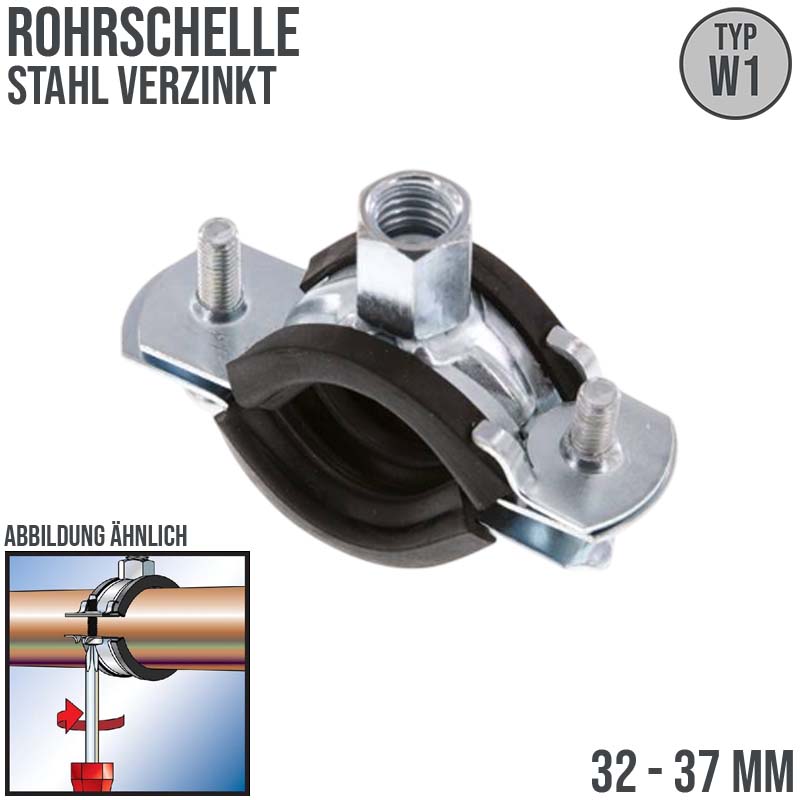 32 - 37 mm Rohr Schraub Schelle Klemme Gummieinlage Fischer M8 M10 2-teilig W1 Stahl verzinkt DIN 4109