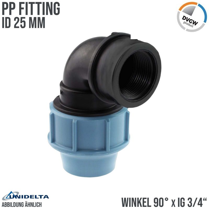 25 mm x 3/4" PE PP Fitting Klemm Verbinder Verschraubung Rohr Winkel 90° x IG DVGW - Unidelta
