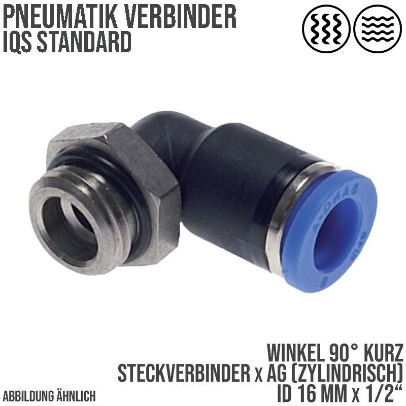 16 mm x 1/2" Pneumatik Steck Verbinder Winkel 90° kurz IQS Außengewinde zylindrisch - PN 20 bar
