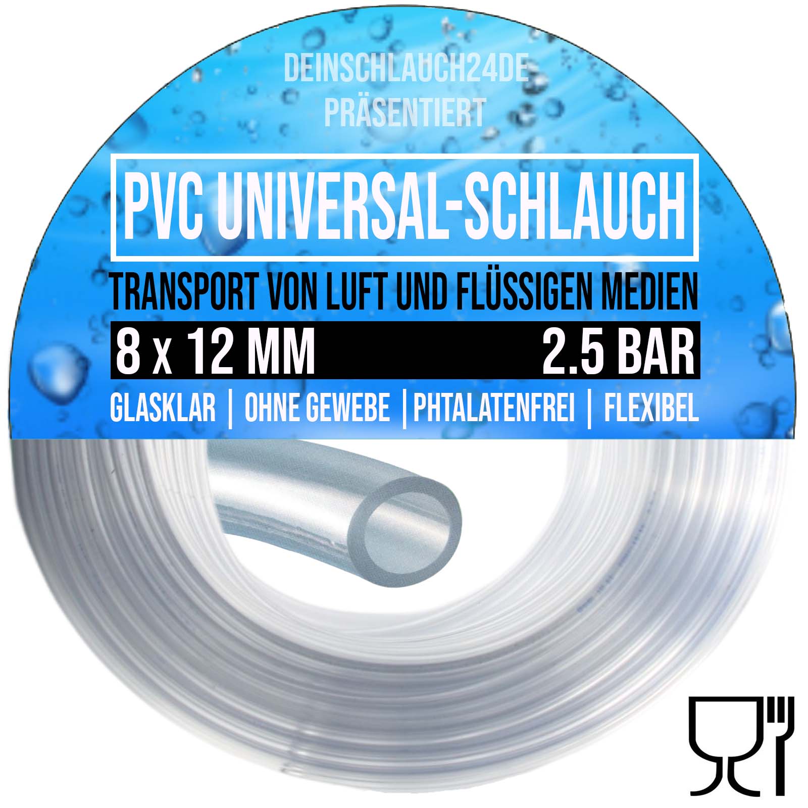 8 x 12 mm PVC Luft Filter Wasser Universal Labor Aquarium Terrarium Schlauch klar durchsichtig - PN 2,5 bar