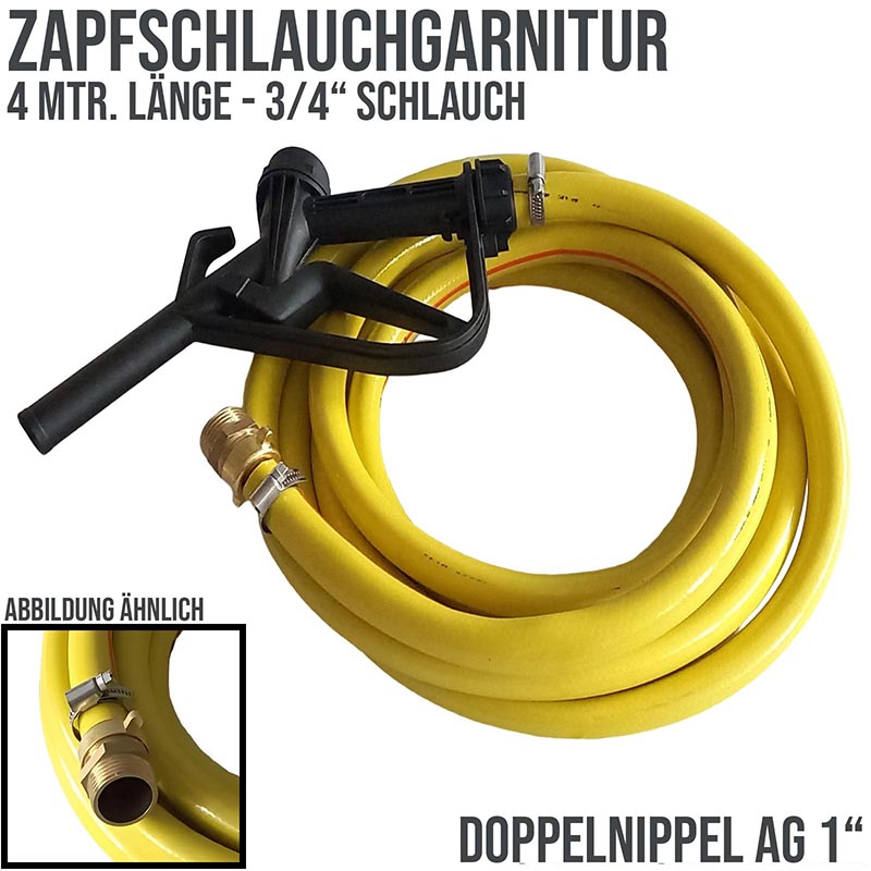 3/4" 19 mm Zapf Schlauch Garnitur mit Doppelnippel AG 1" - 4 m (PP Pistole schwarz) - PN 5 bar