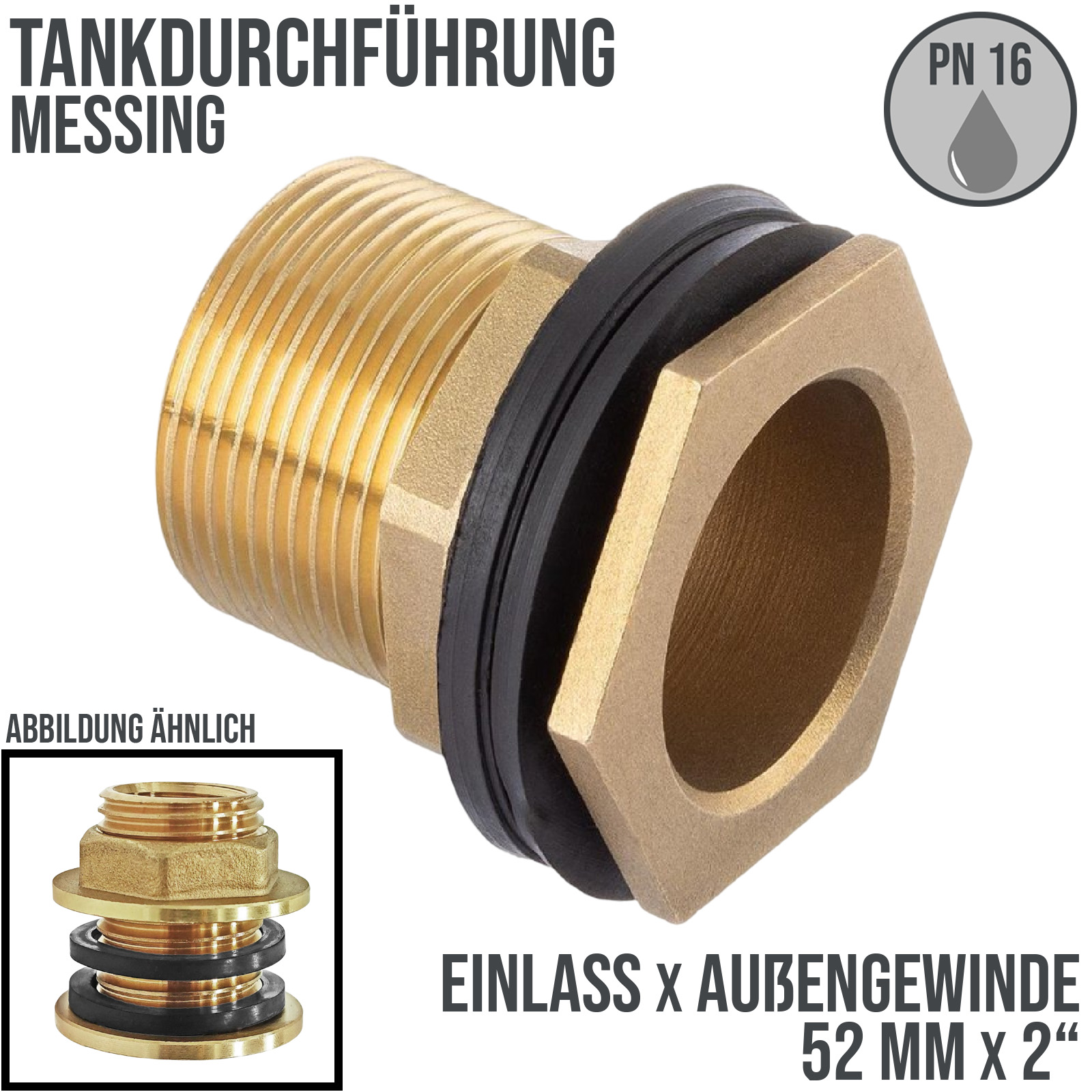2" Tank Regen Tonnen Durchführung Connector Messing Einlass x Außengewinde  - PN 16 bar