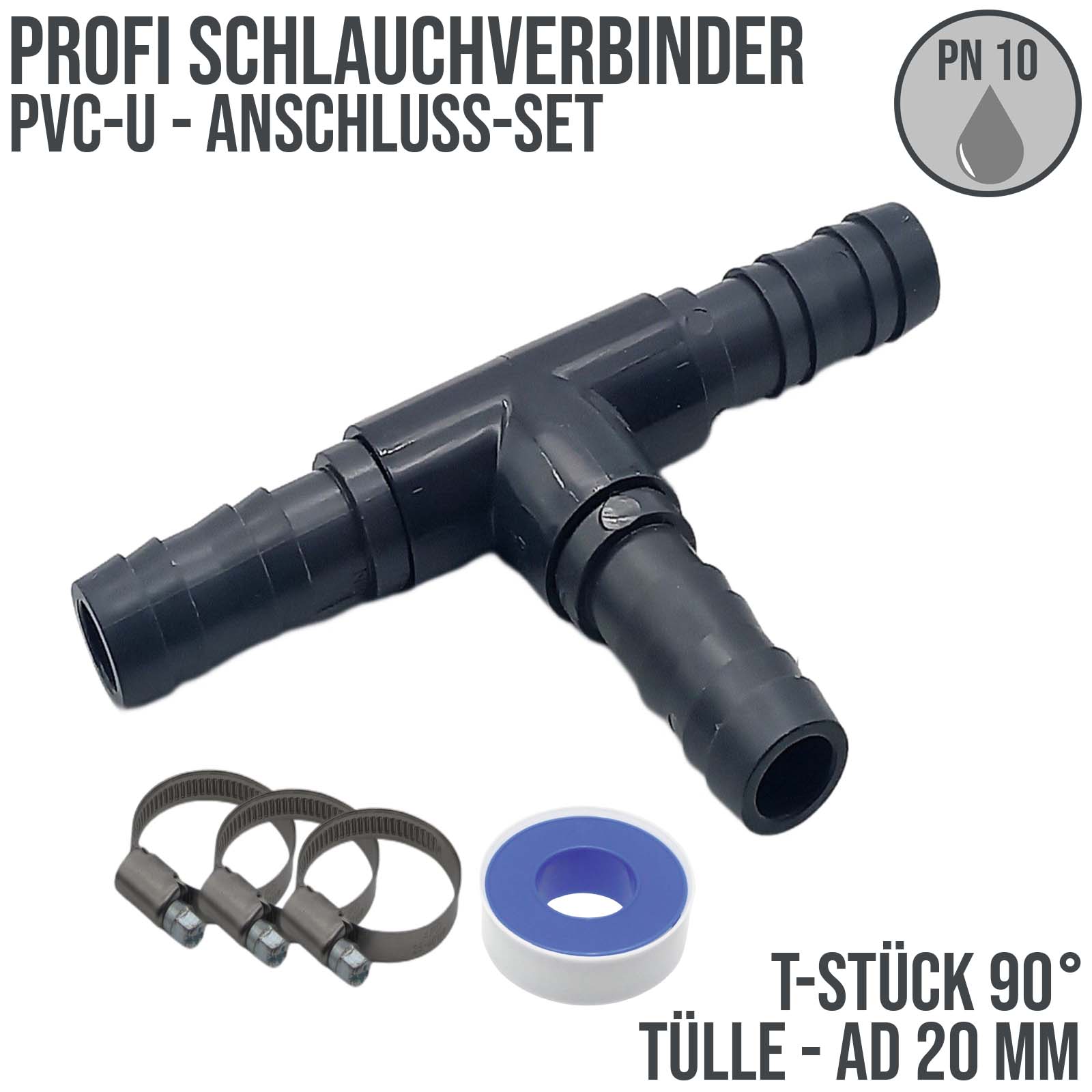20 mm PVC PROFI T-Stück 90° Schlauch Verbinder Stutzen Tülle Pool Teich Garten - PN 10 bar - Montage-Set