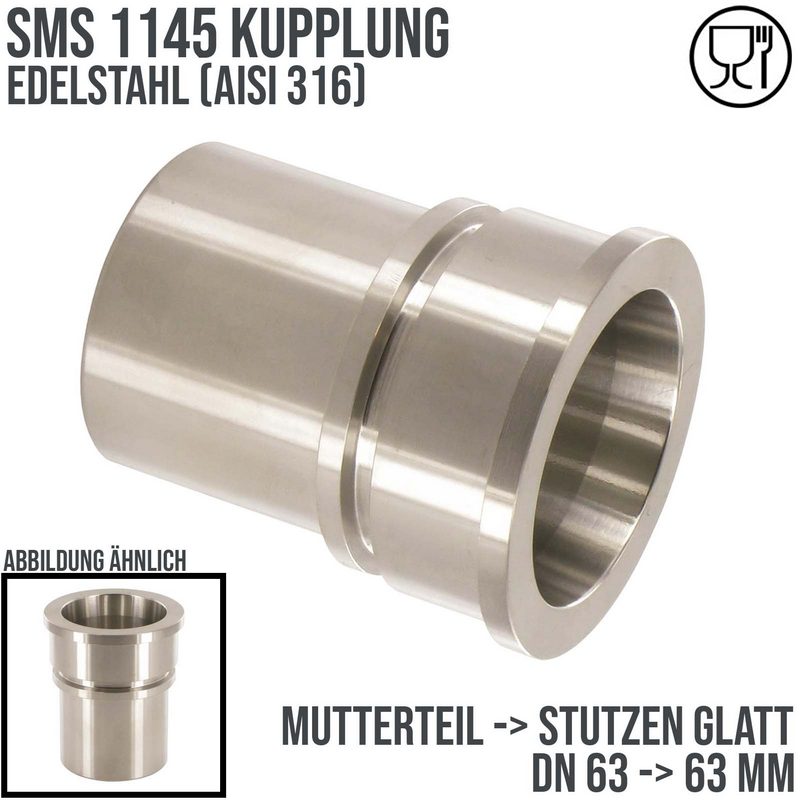 DN 63 SMS Kupplung 1145 Mutterteil MT Außengewinde Sicherungsbund - Stutzen glatt 63 mm - PN 25 bar