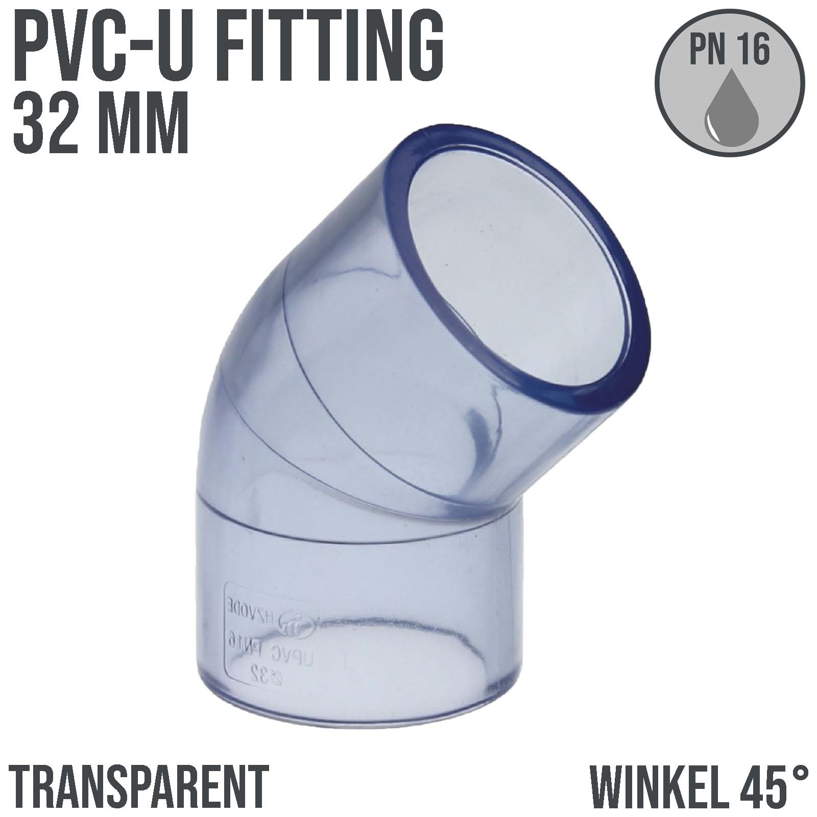32 mm PVC Klebe Fitting Winkel 45° Muffe Verbinder - transparent durchsichtig - PN 16 bar