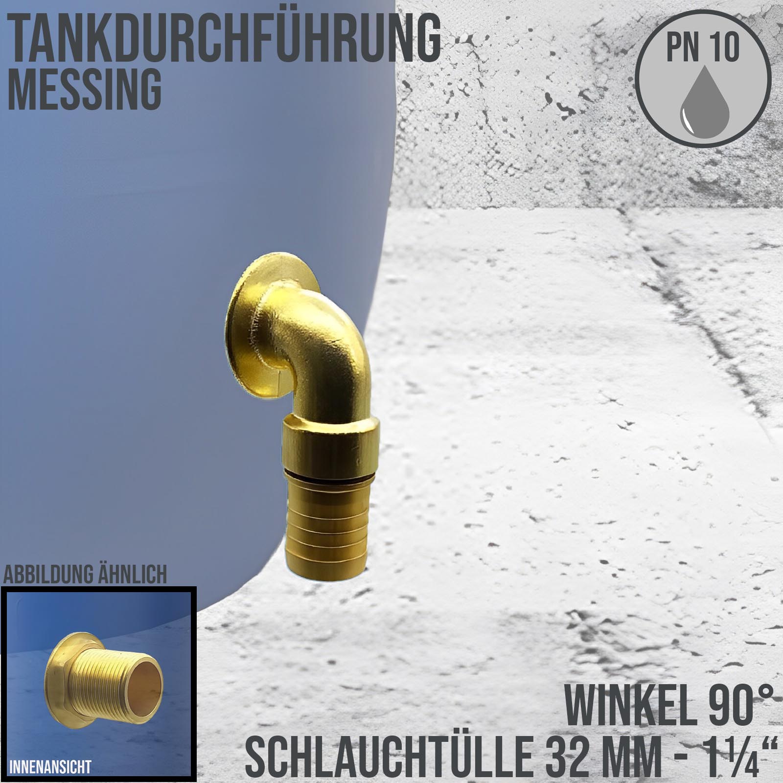 90° Tank Regen Tonnen Durchführung Messing Schlauch Tülle Stutzen 32mm (1 1/4") - Anschuss Set PN 10 bar