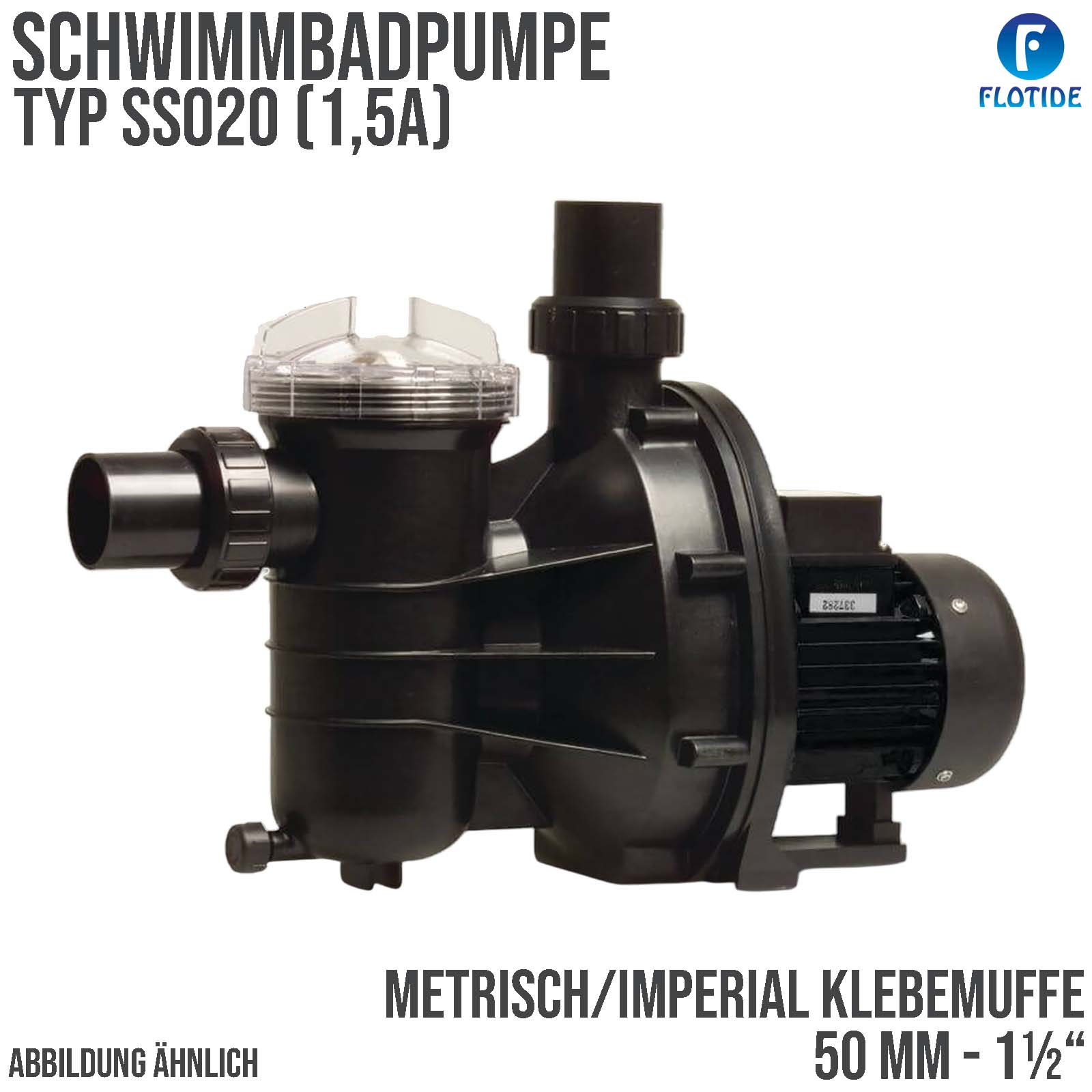 Schwimmbad Pool Pumpe SS020 1,5A 230VAC 50 mm 1 1/2" Anschluss Klebe Muffe RCD Stecker schwarz