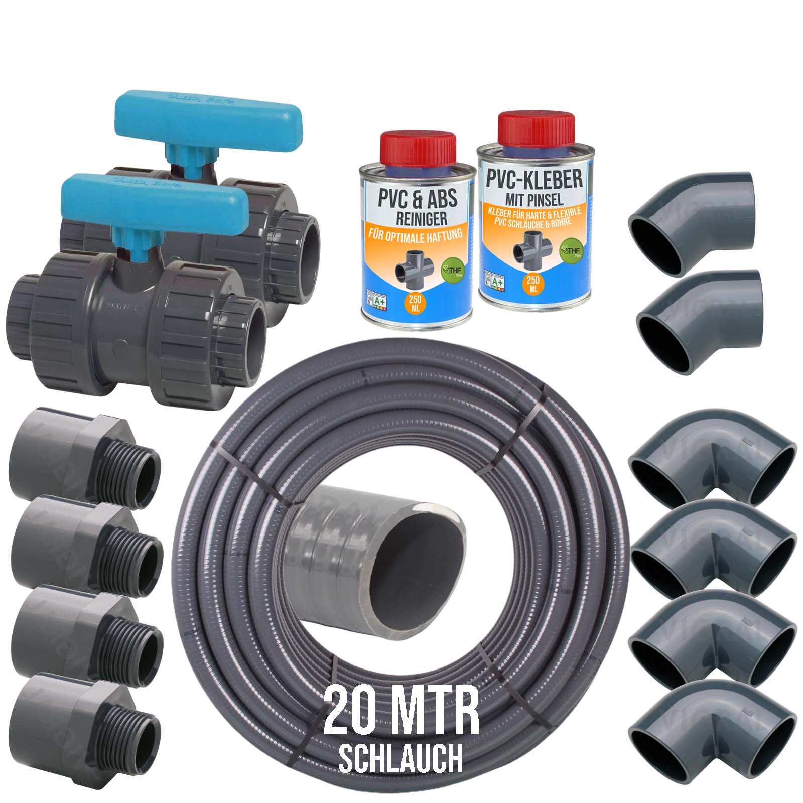 50 mm PVC Klebe Fittings Verrohrungspaket Pool Schwimmbad Schlauch FLEX (2") - 20 m - blau