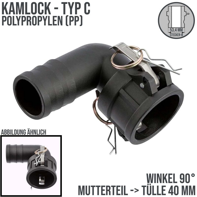 Kamlock Typ C - Winkel 90° Mutterteil (53,4 mm) Polypropylen PP -> Tülle 40 mm 1 1/2" DN 40 - PN 6,5 bar