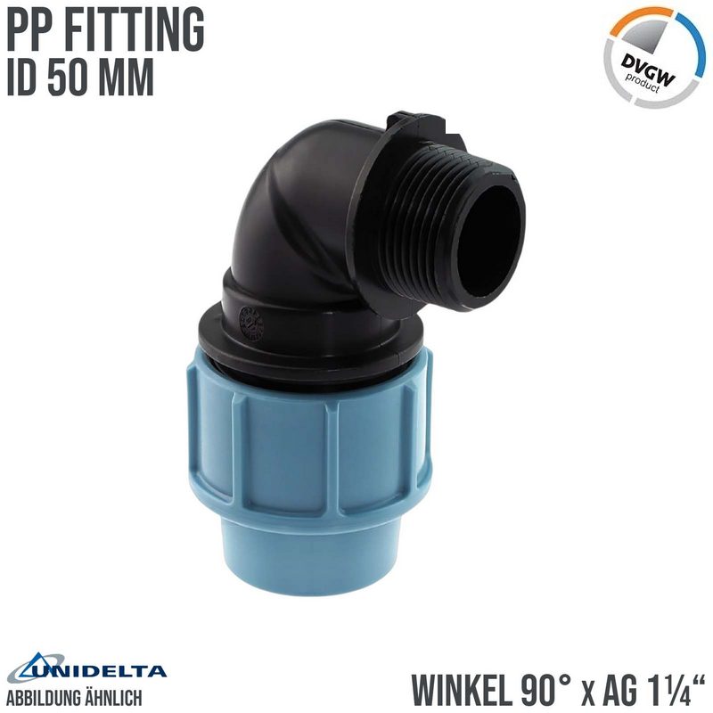 50 mm x 1 1/4" PE PP Fitting Klemm Verbinder Verschraubung Rohr Winkel 90° x AG DVGW - Unidelta