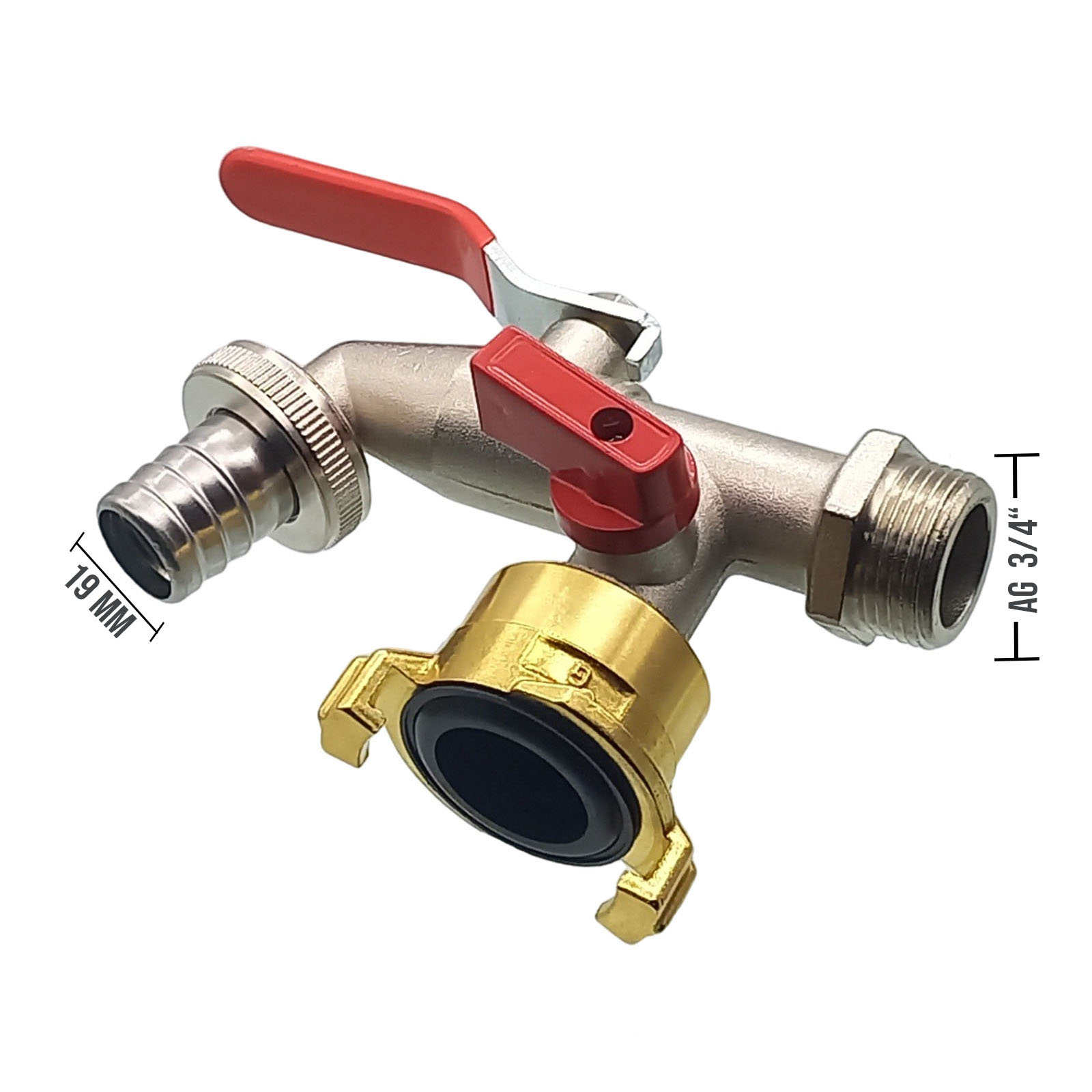 3/4" Messing Auslauf Ventil Hahn 2-fach Auslass 19 mm Tülle Schnellkupplung PN 10 bar