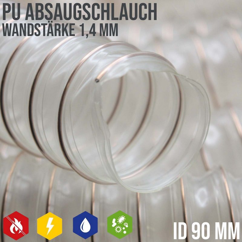 90 mm PU Saug Ansaug Druck Spiral Flex Staub Holz Metall Späne Schlauch Anlage - Wandstärke 1,4 mm - PN 1,35 bar