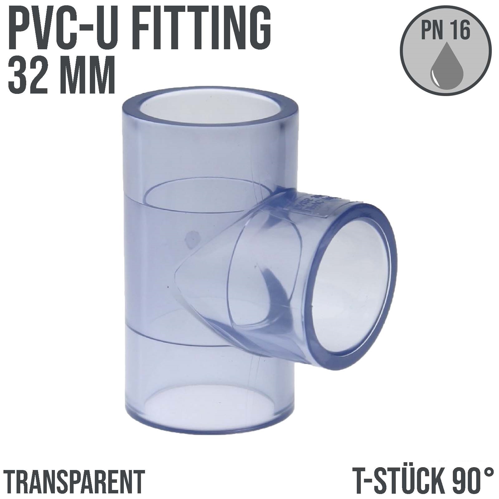32 mm PVC Klebe Fitting T-Stück 90° Muffe Verbinder - transparent durchsichtig - PN 16 bar