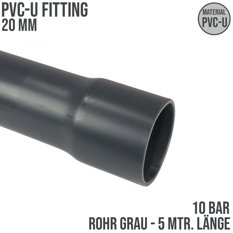 20 x 1,3 mm PVC Klebe Fitting Druck Kunststoff Rohr grau - 5 m Länge - PN 10 bar