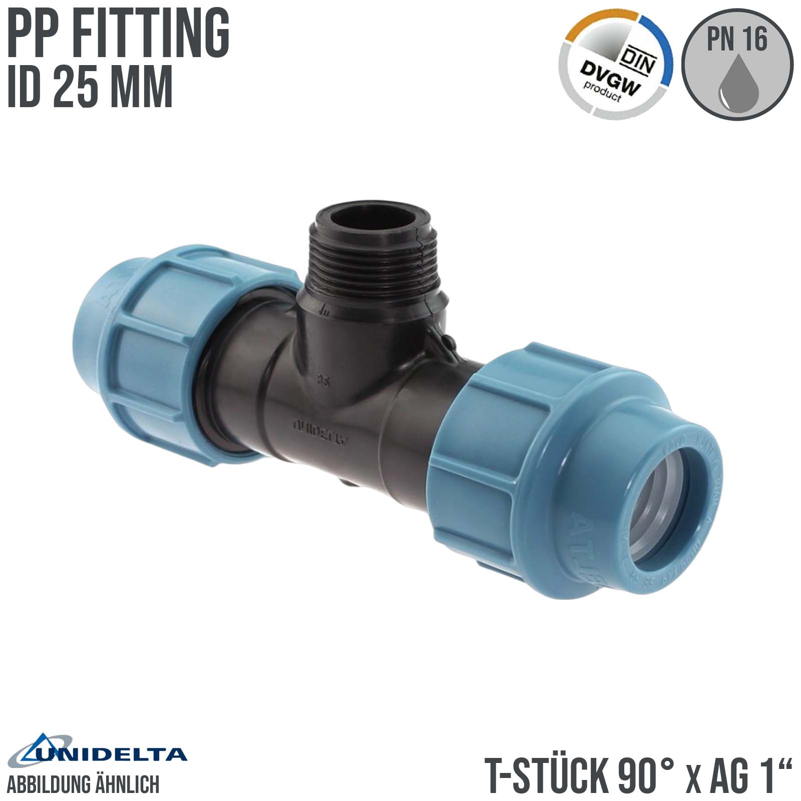 25 mm x 1" PE PP Fitting Klemm Verbinder Verschraubung Rohr T-Stück 90° x AG DVGW - Unidelta