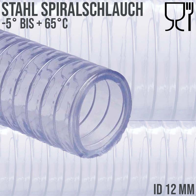 12 mm 1/2" Zoll Saug Ansaug Druck Abwasser Pumpen Schlauch Stahlspirale transparent PN 12 bar